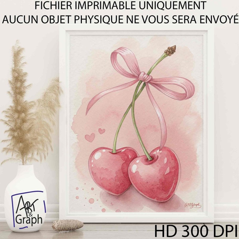 Affiche Numérique Cerises en Forme de Cœur - Illustration Romantique et Douce en Aquarelle pour Décoration Murale