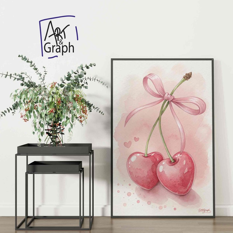 Affiche Numérique Cerises en Forme de Cœur - Illustration Romantique et Douce en Aquarelle pour Décoration Murale