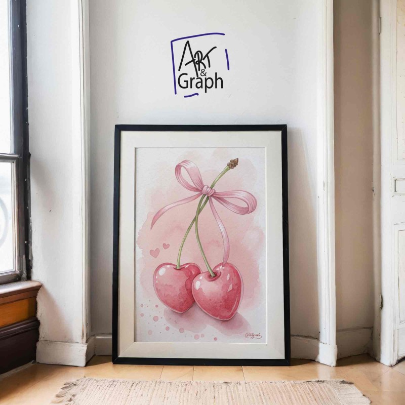 Affiche Numérique Cerises en Forme de Cœur - Illustration Romantique et Douce en Aquarelle pour Décoration Murale