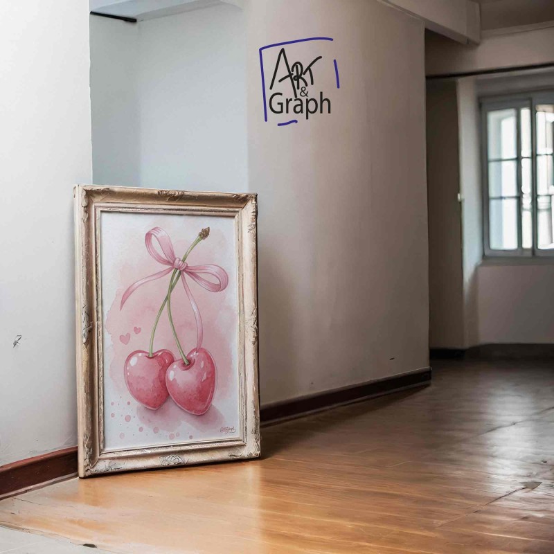 Affiche Numérique Cerises en Forme de Cœur - Illustration Romantique et Douce en Aquarelle pour Décoration Murale