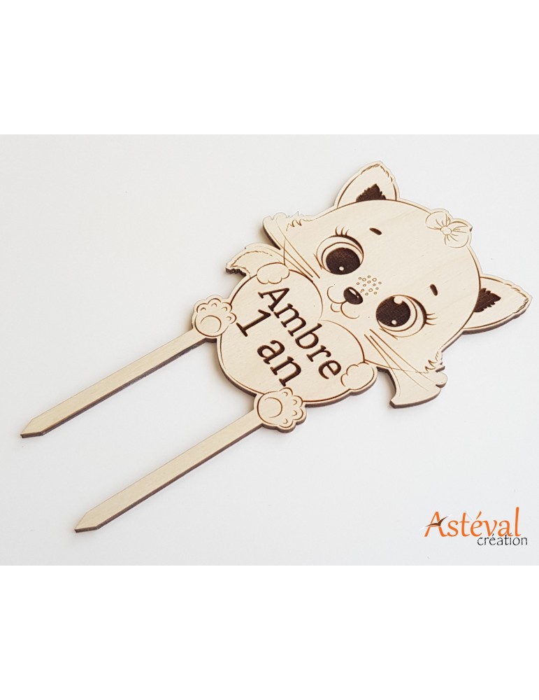 Cake topper personnalisé enfant chat funny - vernis norme alimentaire - anniversaire - baptême.