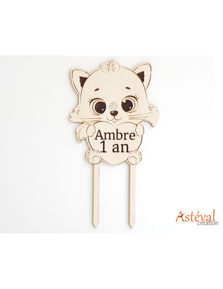 Cake topper personnalisé enfant chat funny - vernis norme alimentaire - anniversaire - baptême.