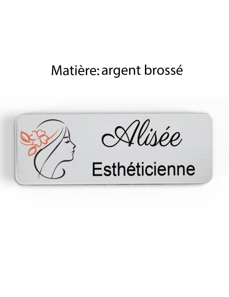 Badge esthéticienne Personnalisable spécialistes bien être, conseillère beauté, sophrologue bois, or brossé, argent brossé acryl