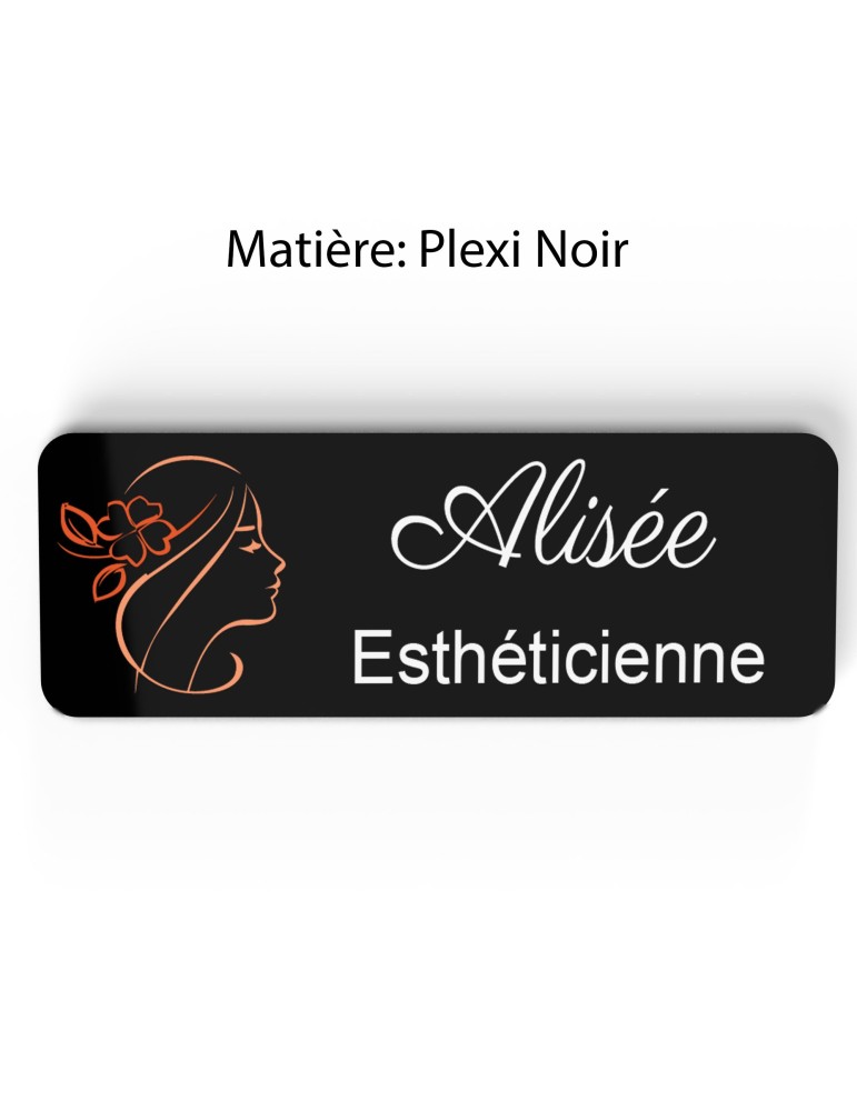 Badge esthéticienne Personnalisable spécialistes bien être, conseillère beauté, sophrologue bois, or brossé, argent brossé acryl