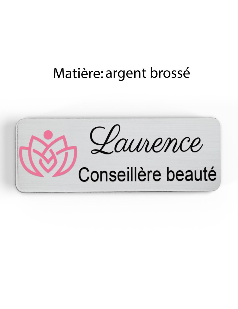 Badge esthéticienne Personnalisable spécialistes bien être, conseillère beauté, sophrologue bois, or brossé, argent brossé acryl