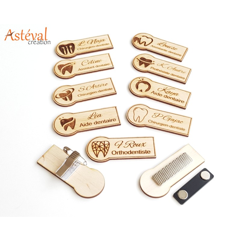 Badge en bois personnalisé cabinet dentaire chirurgien dentiste