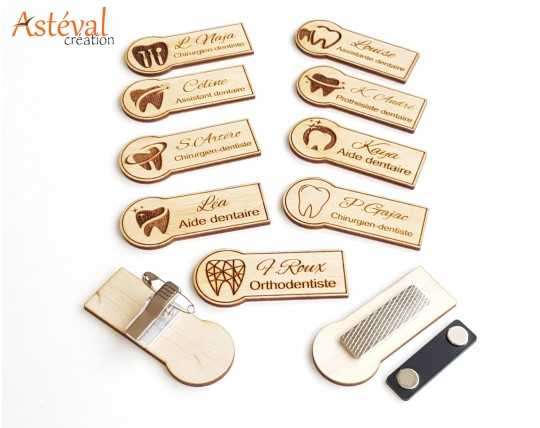 Badge en bois personnalisé cabinet dentaire chirurgien dentiste