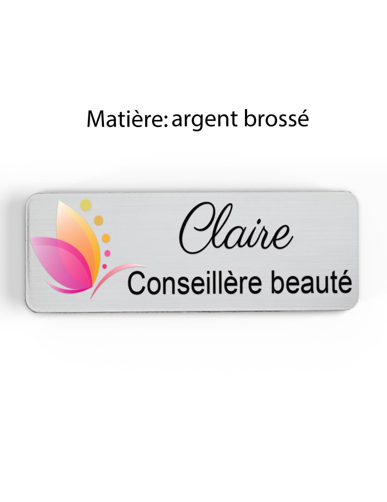 Badge esthéticienne Personnalisable spécialistes bien être, conseillère beauté, sophrologue bois, or brossé, argent brossé acryl