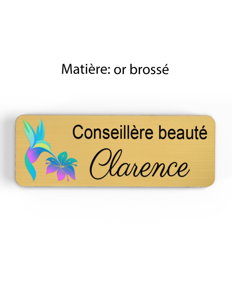 Badge esthéticienne Personnalisable spécialistes bien être, conseillère beauté, sophrologue bois, or brossé, argent brossé acryl