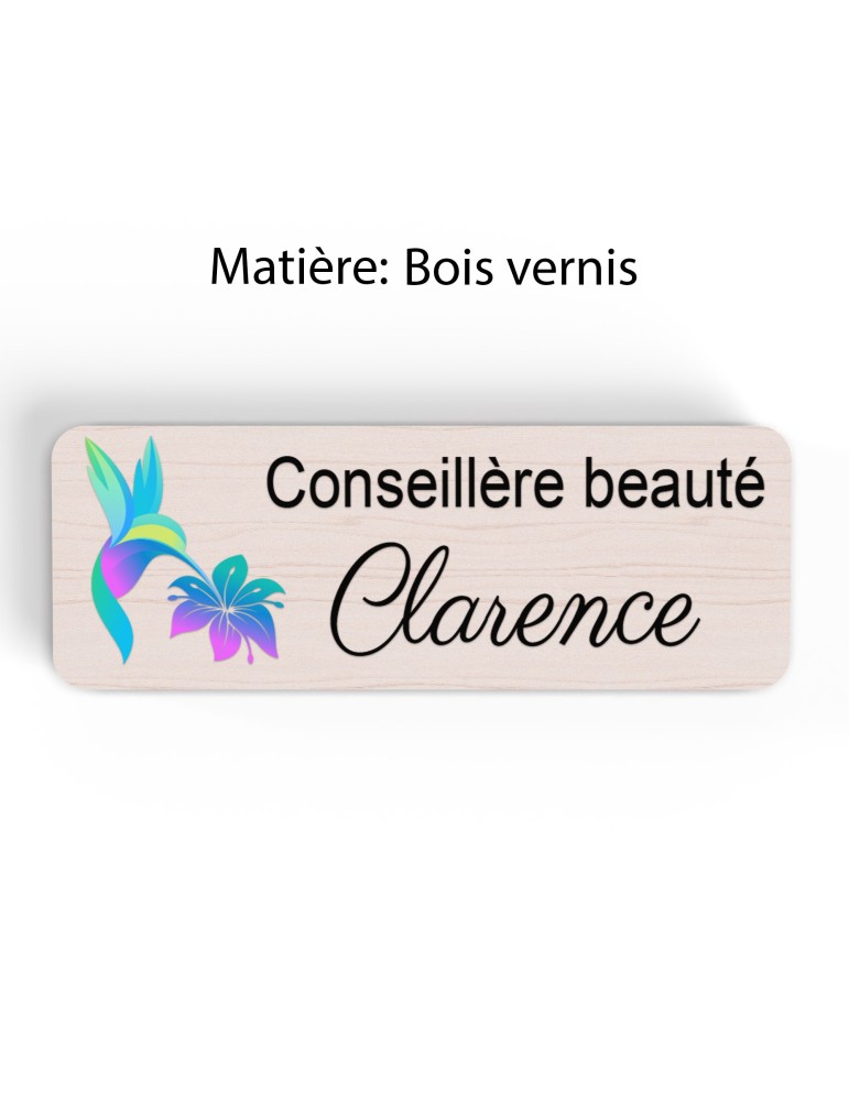 Badge esthéticienne Personnalisable spécialistes bien être, conseillère beauté, sophrologue bois, or brossé, argent brossé acryl