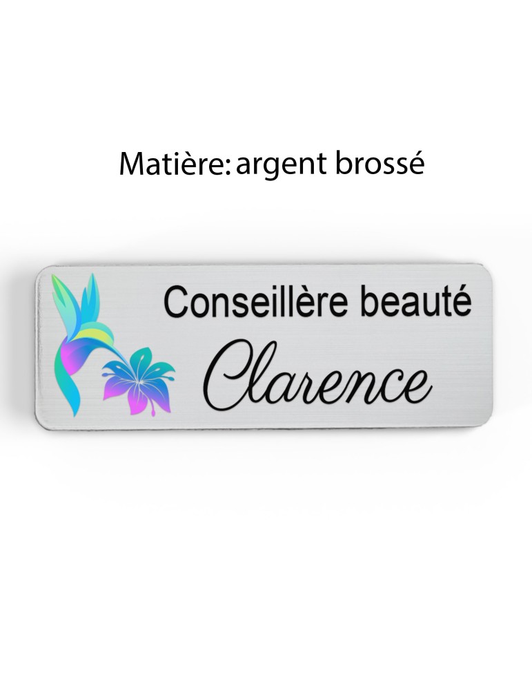 Badge esthéticienne Personnalisable spécialistes bien être, conseillère beauté, sophrologue bois, or brossé, argent brossé acryl