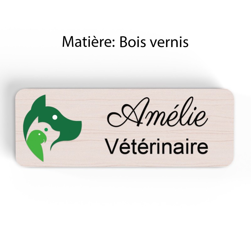 Badge vétérinaire couleur Personnalisable ASV, soigneur, toiletteur, dresseur, zoologistes bois, or brossé, argent brossé acryli
