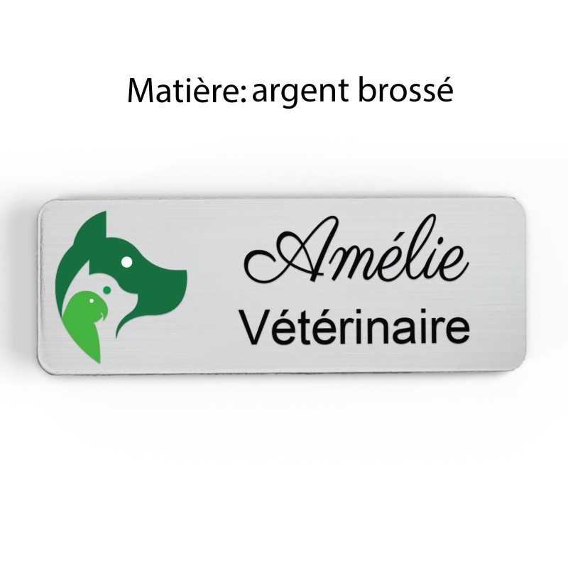 Badge vétérinaire couleur Personnalisable ASV, soigneur, toiletteur, dresseur, zoologistes bois, or brossé, argent brossé acryli
