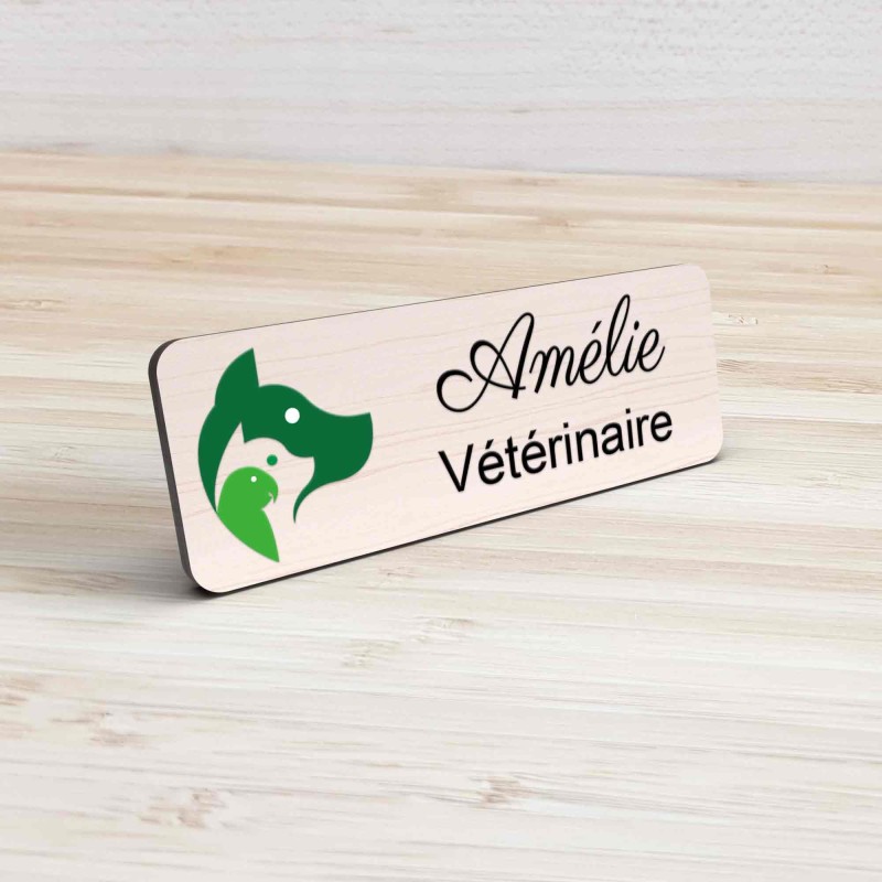 Badge vétérinaire couleur Personnalisable ASV, soigneur, toiletteur, dresseur, zoologistes bois, or brossé, argent brossé acryli