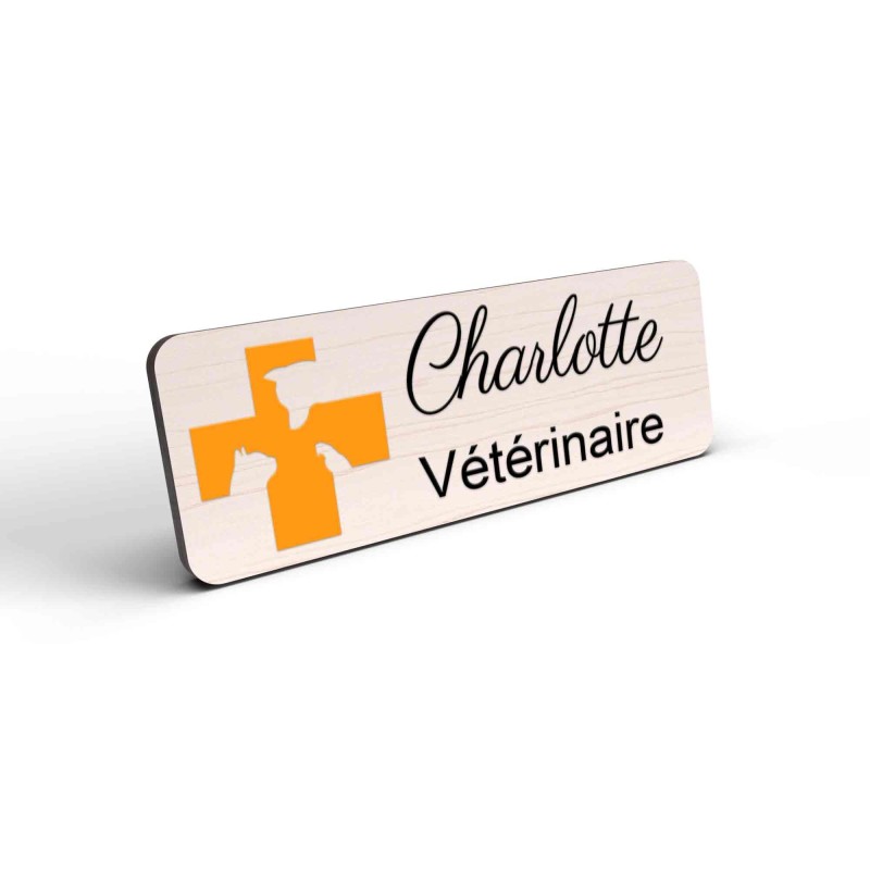 Badge vétérinaire couleur Personnalisable ASV, soigneur, toiletteur, dresseur, zoologistes bois, or brossé, argent brossé acryli