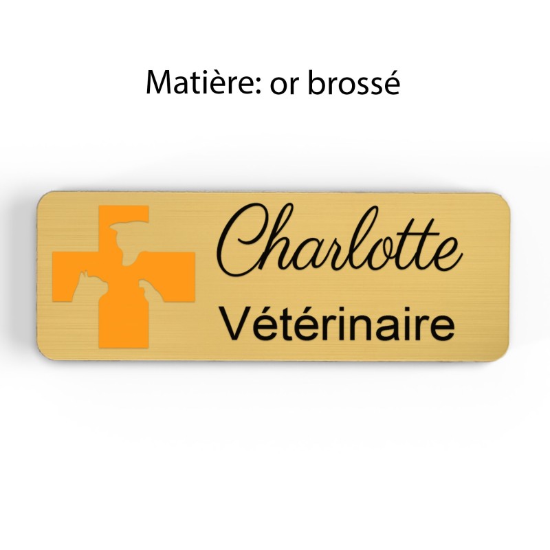 Badge vétérinaire couleur Personnalisable ASV, soigneur, toiletteur, dresseur, zoologistes bois, or brossé, argent brossé acryli