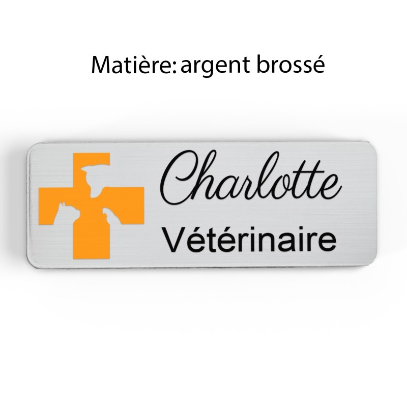 Badge vétérinaire couleur Personnalisable ASV, soigneur, toiletteur, dresseur, zoologistes bois, or brossé, argent brossé acryli