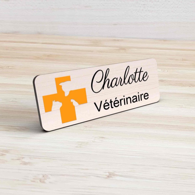 Badge vétérinaire couleur Personnalisable ASV, soigneur, toiletteur, dresseur, zoologistes bois, or brossé, argent brossé acryli