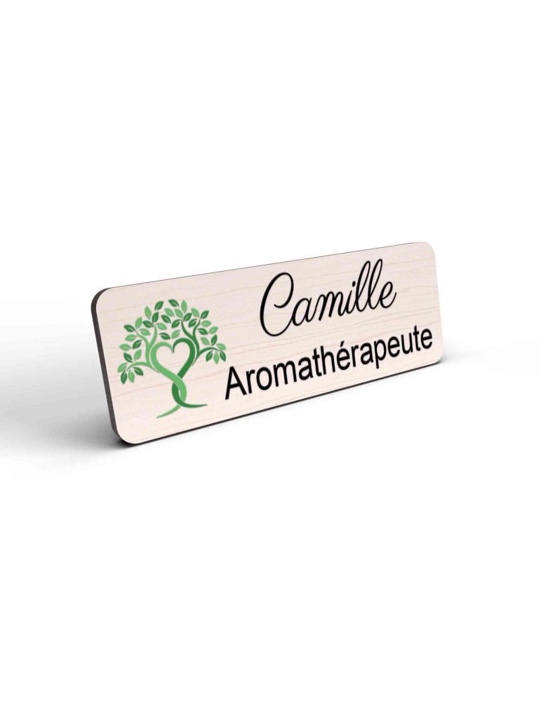 Badge esthéticienne Personnalisable spécialistes bien être, conseillère beauté, sophrologue bois, or brossé, argent brossé acryl