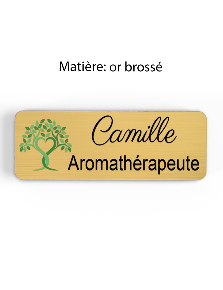 Badge esthéticienne Personnalisable spécialistes bien être, conseillère beauté, sophrologue bois, or brossé, argent brossé acryl