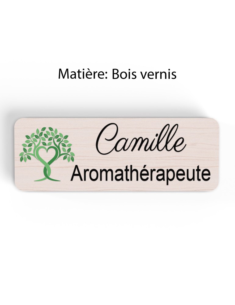 Badge esthéticienne Personnalisable spécialistes bien être, conseillère beauté, sophrologue bois, or brossé, argent brossé acryl