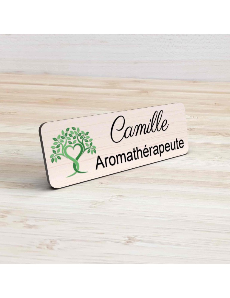 Badge esthéticienne Personnalisable spécialistes bien être, conseillère beauté, sophrologue bois, or brossé, argent brossé acryl