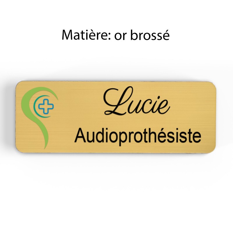 Badge Audioprothésiste Personnalisable, Audiologiste, Orthophoniste, Audioprothésiste en bois, or brossé, argent brossé