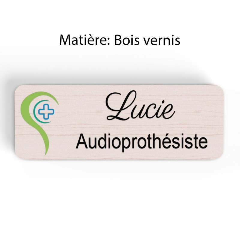 Badge Audioprothésiste Personnalisable, Audiologiste, Orthophoniste, Audioprothésiste en bois, or brossé, argent brossé