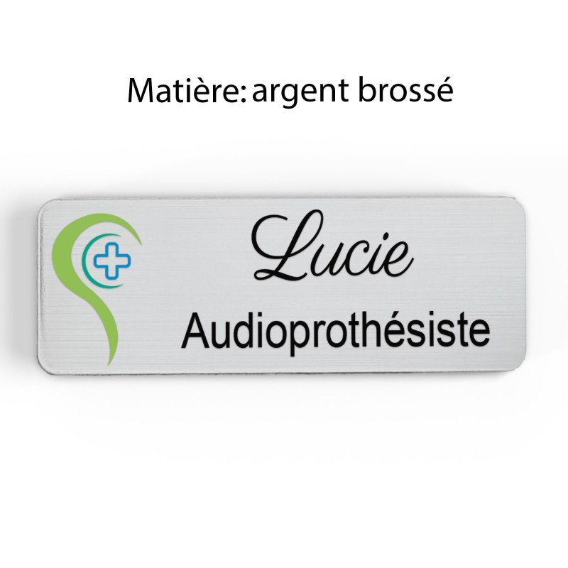 Badge Audioprothésiste Personnalisable, Audiologiste, Orthophoniste, Audioprothésiste en bois, or brossé, argent brossé