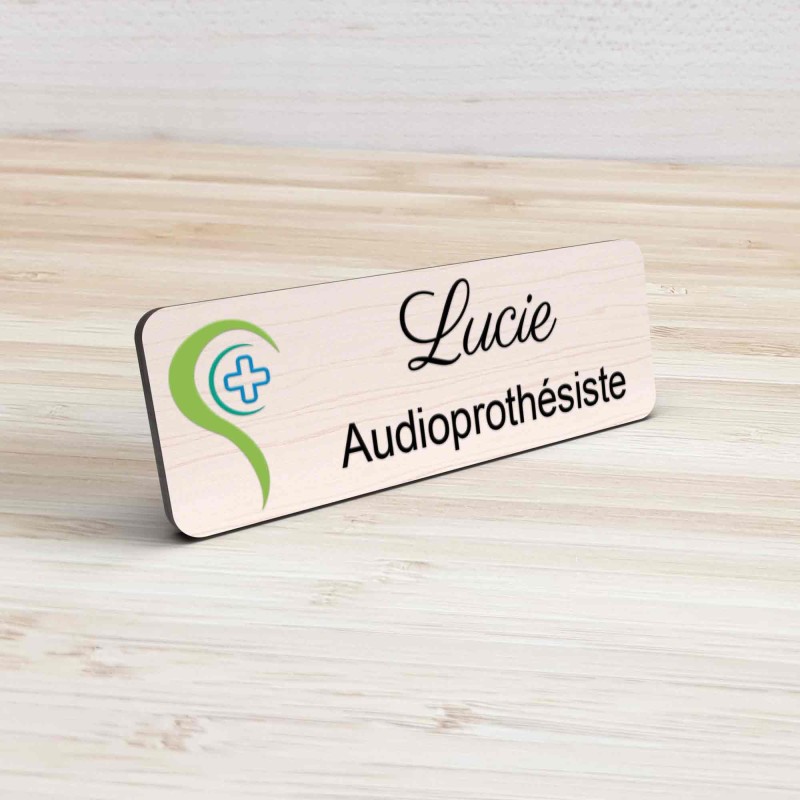 Badge Audioprothésiste Personnalisable, Audiologiste, Orthophoniste, Audioprothésiste en bois, or brossé, argent brossé