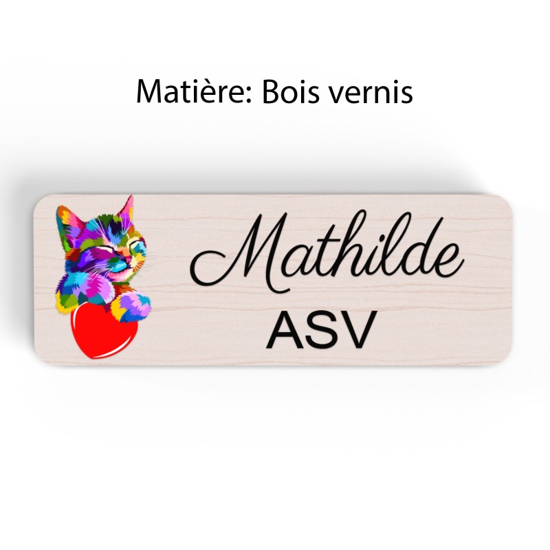 Badge vétérinaire couleur Personnalisable ASV, soigneur, toiletteur, dresseur, zoologistes bois, or brossé, argent brossé acryli