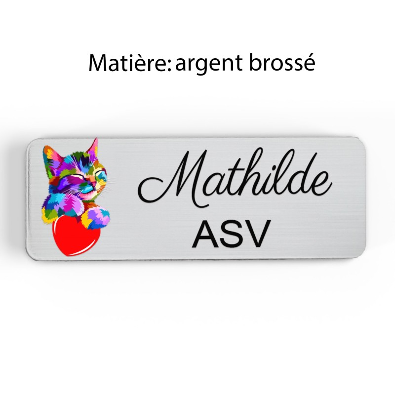 Badge vétérinaire couleur Personnalisable ASV, soigneur, toiletteur, dresseur, zoologistes bois, or brossé, argent brossé acryli