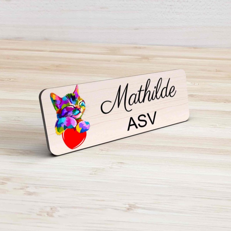 Badge vétérinaire couleur Personnalisable ASV, soigneur, toiletteur, dresseur, zoologistes bois, or brossé, argent brossé acryli