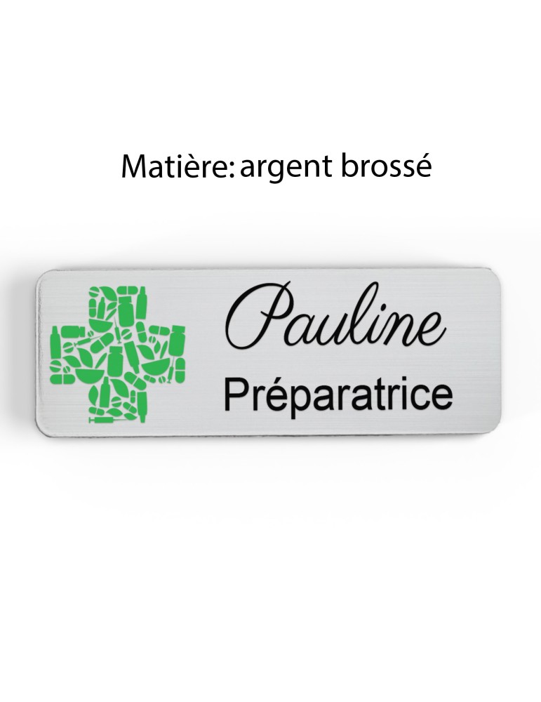 Badge pharmacie Personnalisé Préparateurs, Pharmaciens et Assistants en Pharmacie bois, or brossé, argent brossé acrylique blanc
