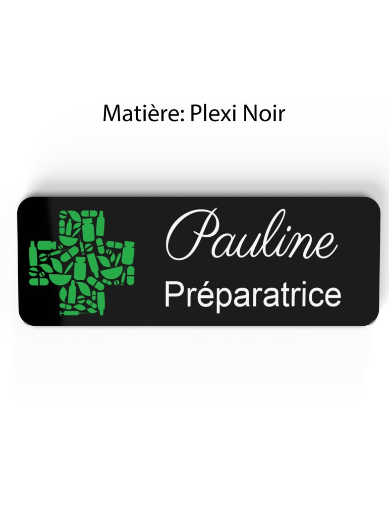 Badge pharmacie Personnalisé Préparateurs, Pharmaciens et Assistants en Pharmacie bois, or brossé, argent brossé acrylique blanc