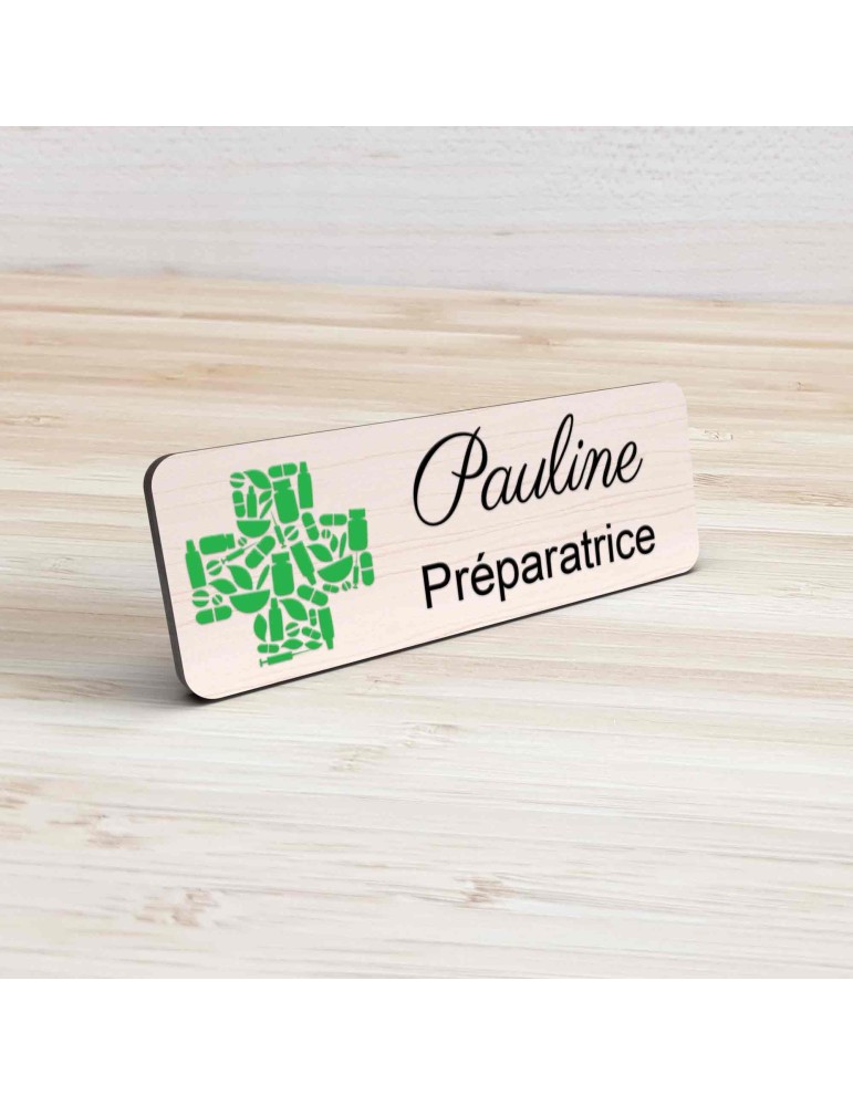 Badge pharmacie Personnalisé Préparateurs, Pharmaciens et Assistants en Pharmacie bois, or brossé, argent brossé acrylique blanc