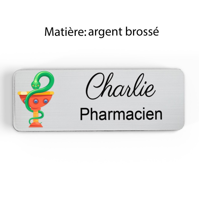Badge pharmacie Personnalisé caducée Pharmaciens bois, or brossé, argent brossé acrylique blanc
