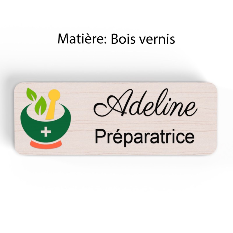 Badge pharmacie Personnalisé Préparateurs, Préparatrice bois, or brossé, argent brossé acrylique blanc et noir