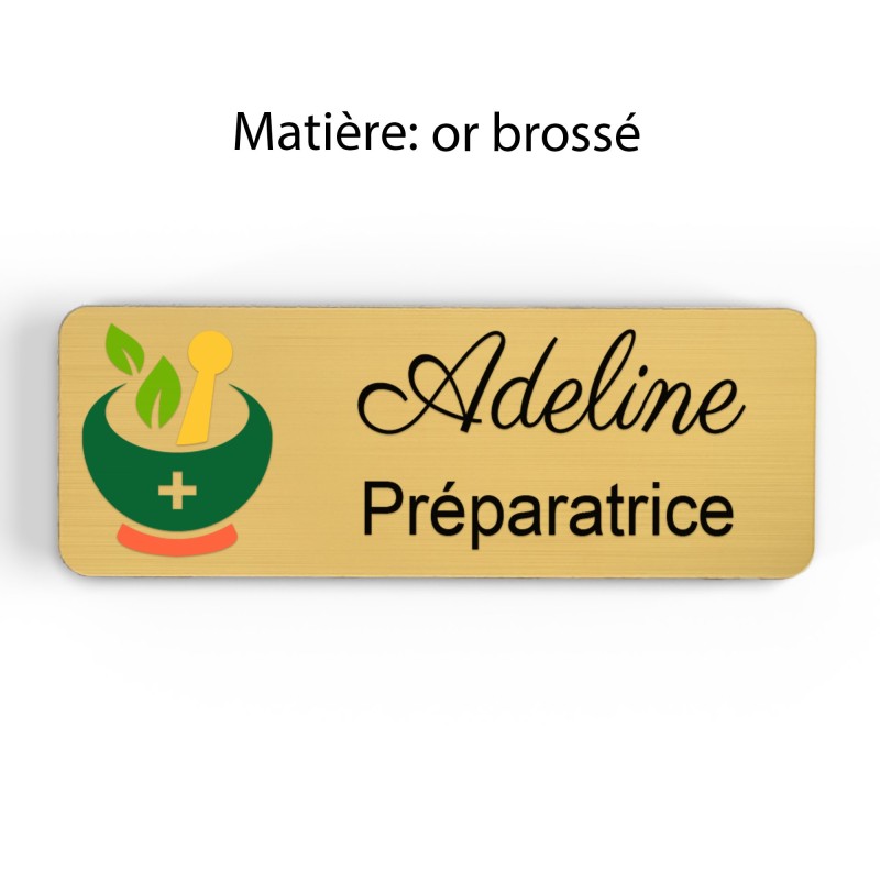 Badge pharmacie Personnalisé Préparateurs, Préparatrice bois, or brossé, argent brossé acrylique blanc et noir