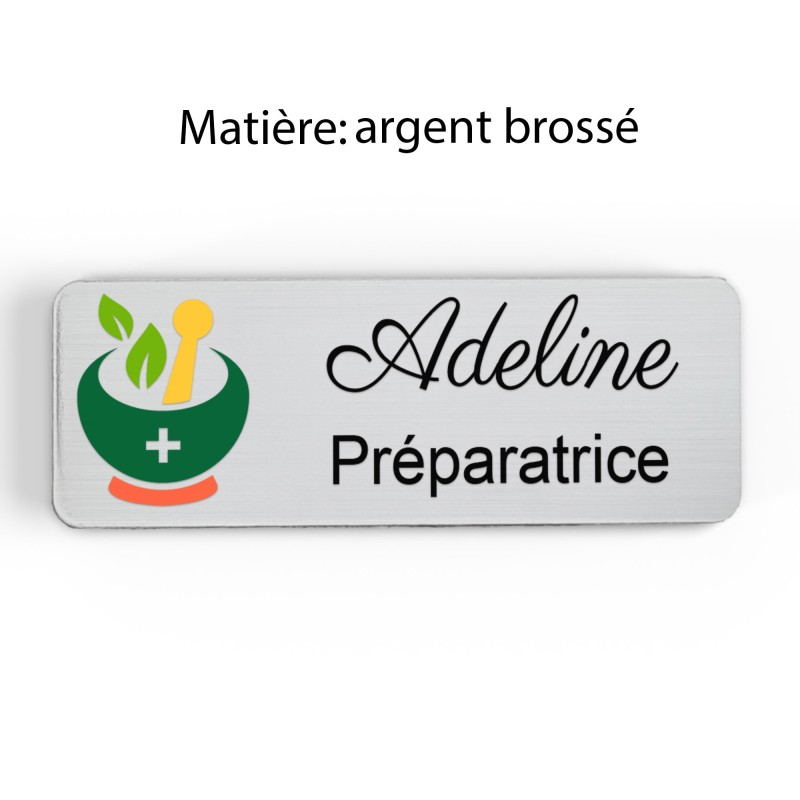 Badge pharmacie Personnalisé Préparateurs, Préparatrice bois, or brossé, argent brossé acrylique blanc et noir