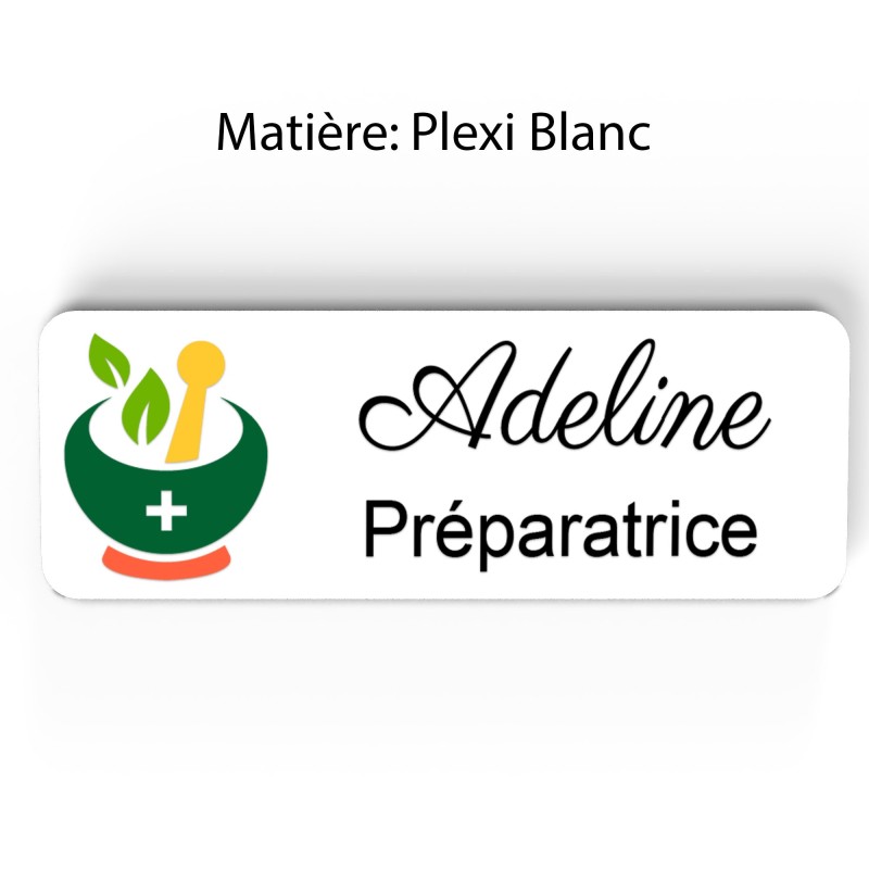 Badge pharmacie Personnalisé Préparateurs, Préparatrice bois, or brossé, argent brossé acrylique blanc et noir