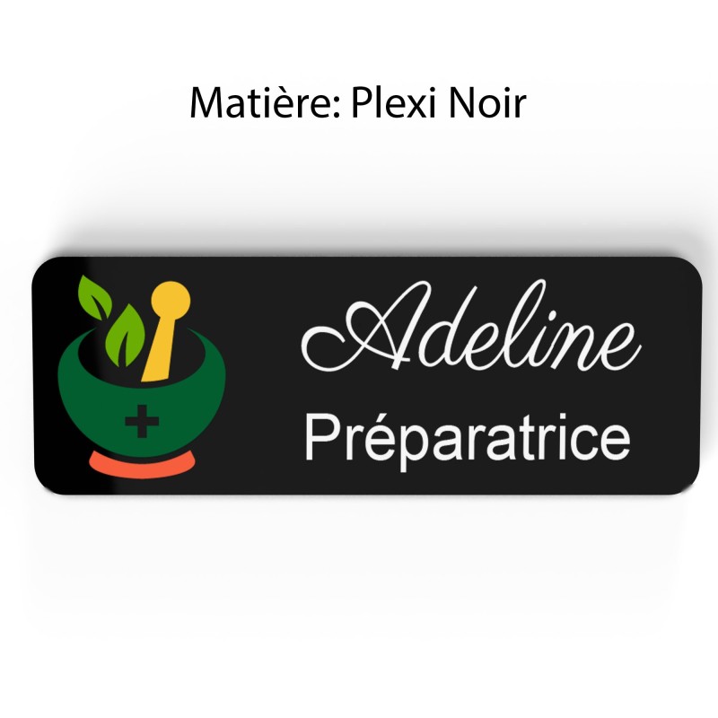 Badge pharmacie Personnalisé Préparateurs, Préparatrice bois, or brossé, argent brossé acrylique blanc et noir