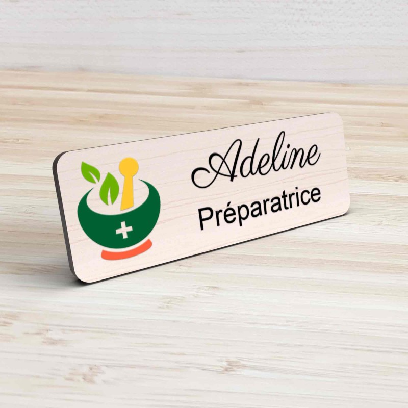 Badge pharmacie Personnalisé Préparateurs, Préparatrice bois, or brossé, argent brossé acrylique blanc et noir