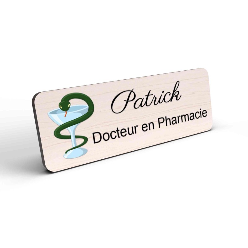 Badge pharmacie Personnalisé caducée Pharmaciens bois, or brossé, argent brossé acrylique blanc