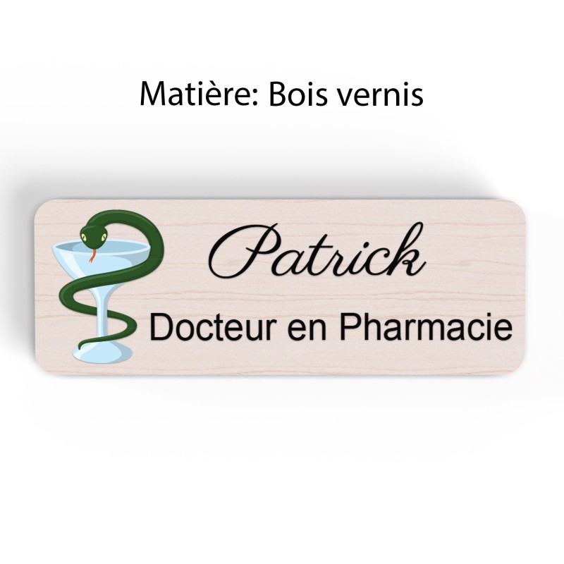 Badge pharmacie Personnalisé caducée Pharmaciens bois, or brossé, argent brossé acrylique blanc