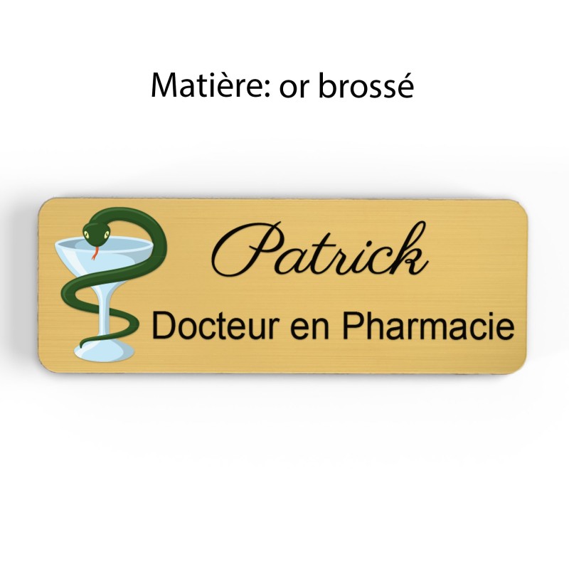 Badge pharmacie Personnalisé caducée Pharmaciens bois, or brossé, argent brossé acrylique blanc