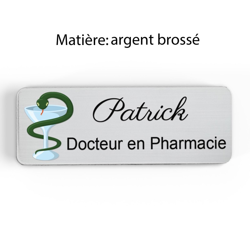Badge pharmacie Personnalisé caducée Pharmaciens bois, or brossé, argent brossé acrylique blanc