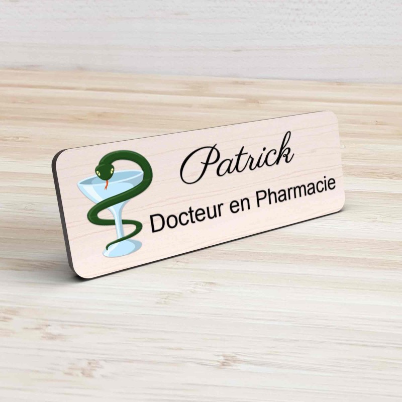 Badge pharmacie Personnalisé caducée Pharmaciens bois, or brossé, argent brossé acrylique blanc