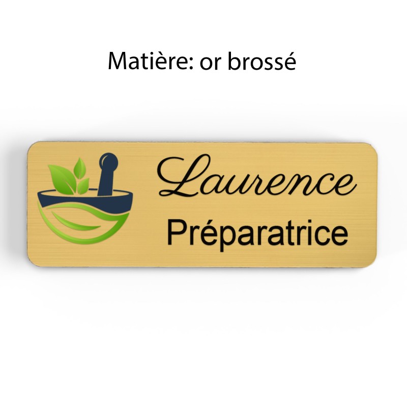 Badge pharmacie Personnalisé Préparateurs, Préparatrice bois, or brossé, argent brossé acrylique blanc et noir
