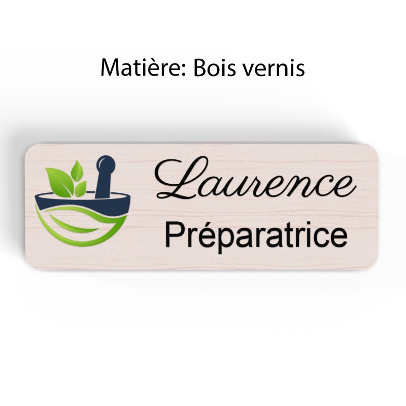 Badge pharmacie Personnalisé Préparateurs, Préparatrice bois, or brossé, argent brossé acrylique blanc et noir
